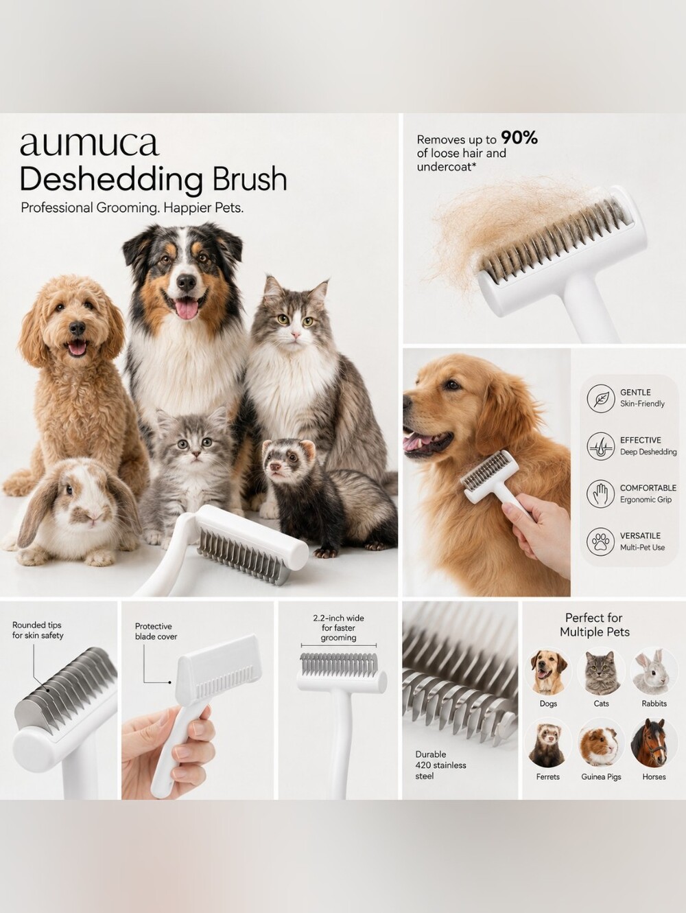 NWT Aumuca Dog & Cat Deshedding Brush Undercoat Rake Dematting Grooming Tool